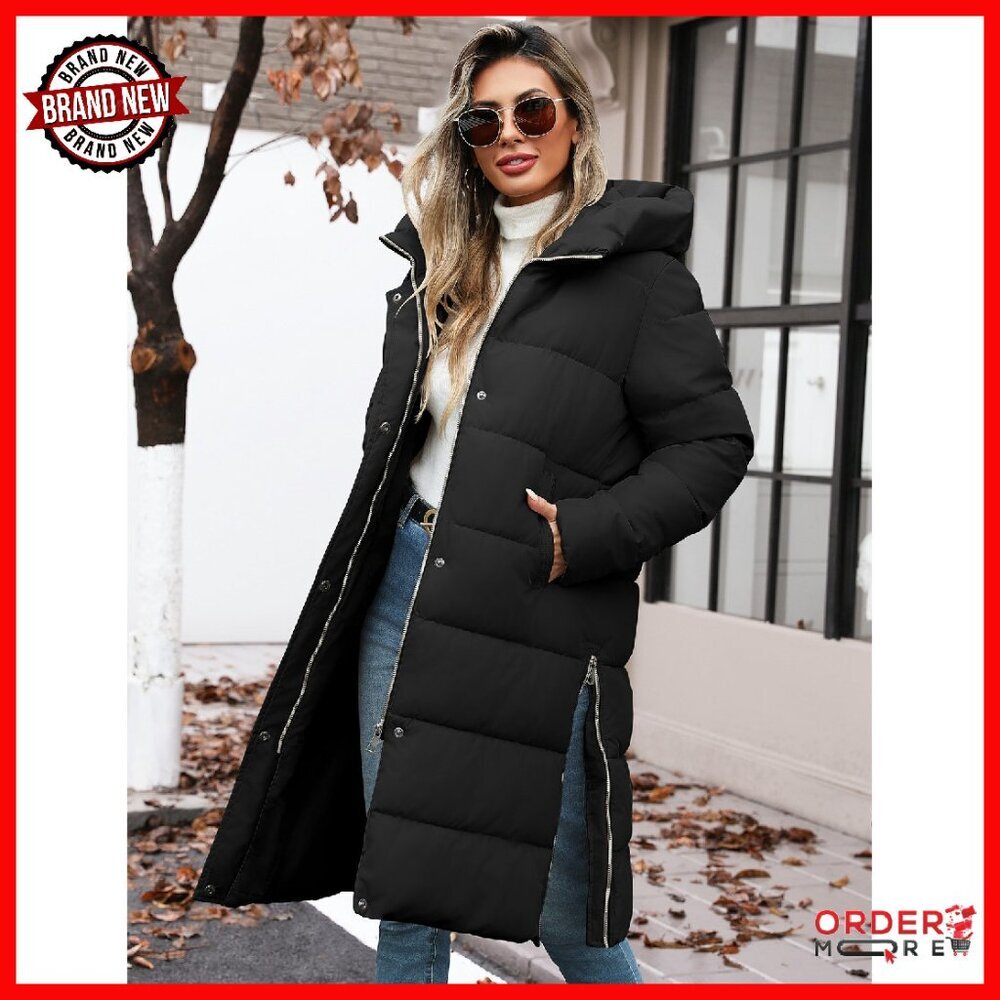 Women's Mid-Length Puffer Coat with Hood, Quilted Winter Jacket - Picture 8 of 8